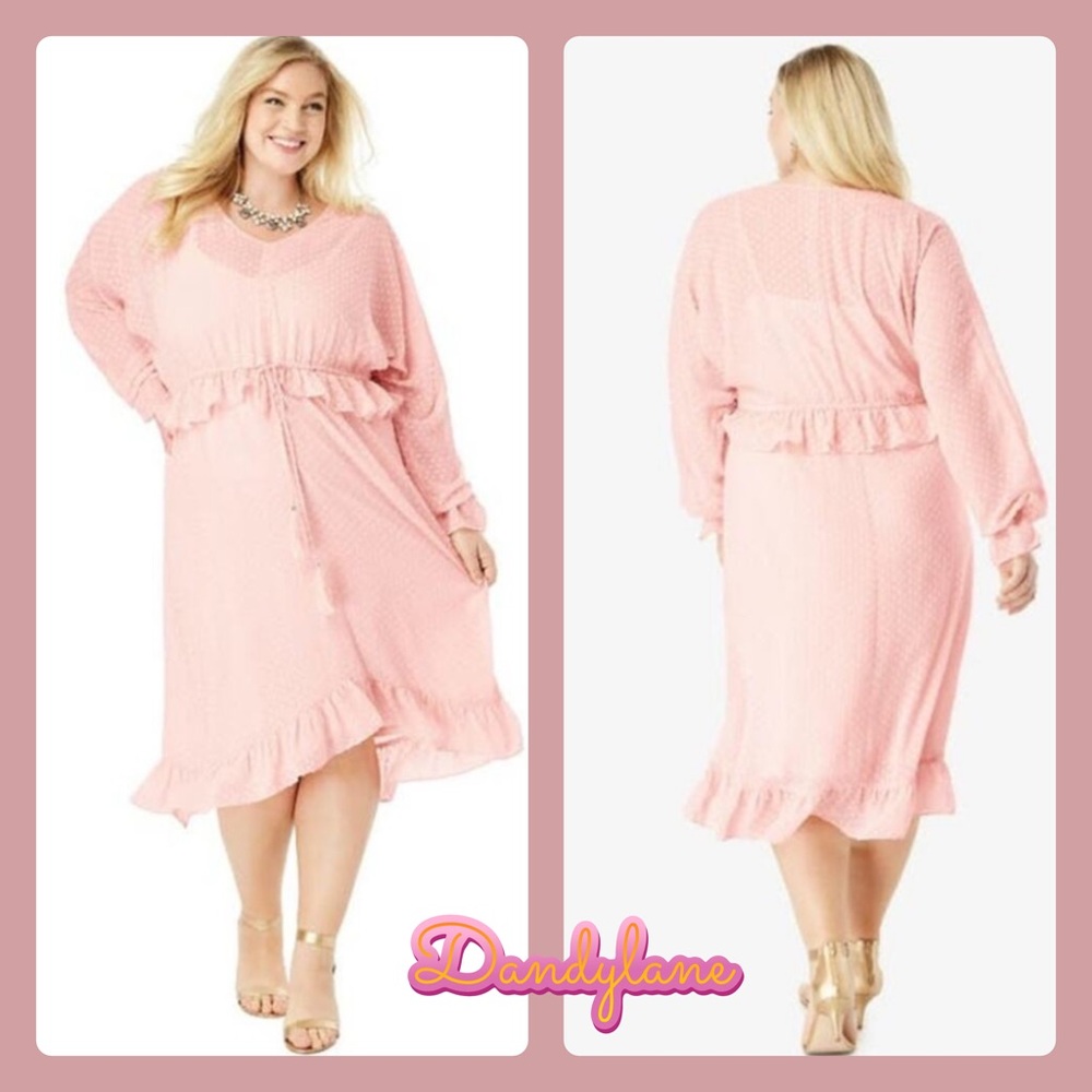 Roaman's Blush Pink Ruffle Drawstring Dress With Tassels Size 22W